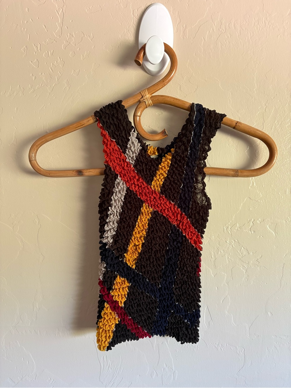 Vintage Y2K Abstract Print Popcorn Style Tank Top Brown Yellow Orange One Size